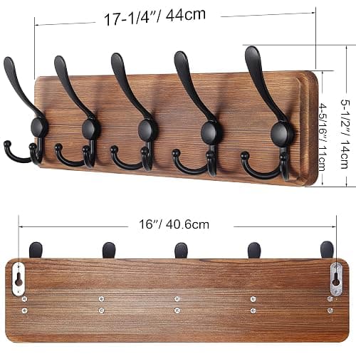 SKOLOO Rustic Wall Mounted Coat Rack: 16" Hole to Hole, Pine Real Wood Plank Wall Coat Rack with 5 Triple Hooks, Farmhouse Coat Hanger Wall Mount for Hanging Backpack Jacket Coat Hat thumbnail 3