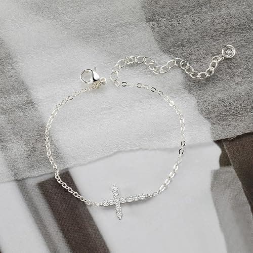 Moodear Christmas Gifts Sotcking Stuffers, Dainty 925 Sterling Silver/14k Gold Plated CZ Cross Bracelet Layered Snake Pearl Chain Knot Bracelets for Women Trendy Religious Christian Jewelry thumbnail 5
