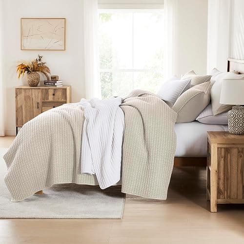 WDCOZY Beige Queen Size Quilt Set, Muslin Cotton Shell Down-Alt Poly Filling, Neutral Shabby Chic Rustic Farmhouse Country Bedspread, Textured Gauze Coverlet, Soft Lightweight Bedding, 2 Shams thumbnail 4