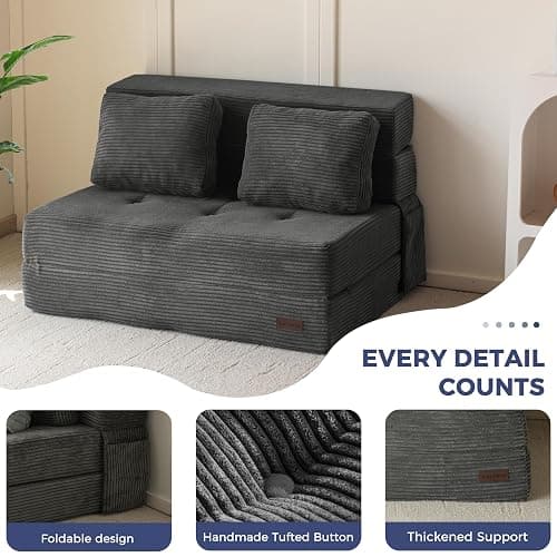 MAXYOYO Convertible Sofa Bed, Fold Out Sofa Couch with Pillow for Adults | Loveseat Sofa 4 in 1 Tufted Folding Couch Bed Foam Floor Couch, Lazy Chair for Living Room Bedroom Guest Room, Dark Grey thumbnail 4