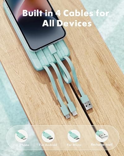 charmast Portable Charger with Built in Cables, Power Bank with Cords Wires, Slim 10000mAh Travel Battery Pack 6 Outputs 3 Inputs 5A Fast Charging for Samsung Google Pixel LG Moto iPhone iPad thumbnail 2