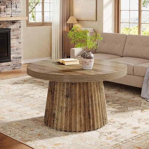 Tribesigns 31.5" Round Coffee Table, Modern Fluted Drum Coffee Tables for Living Room, Wood Farmhouse Boho Accent Pedestal Center Table for Apartment, Small Space, Brown thumbnail 9