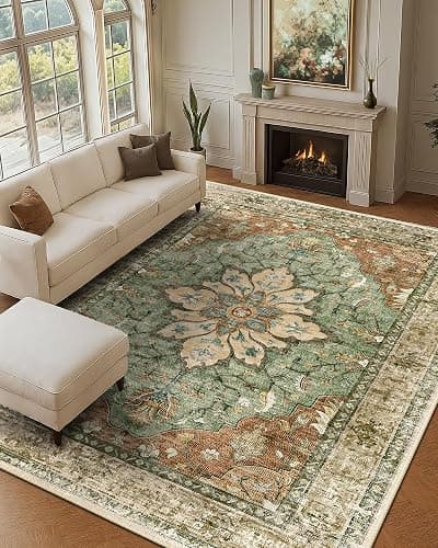 RELEANY Area Rugs 9'x12' Washable Non-Slip, Floral Vintage Distress Print Pattern Medallion Carpet for Living Room Bedroom Dining Room, Brick Red Rust Neutral Brown Burnt Orange Green - Image 1