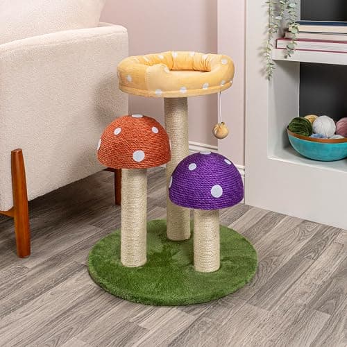 THE LICKER STORE CTR1001A Pixie 22.5" 3-Tier Cottage Sisal Mushroom Cat Tree with Scratching Posts, Napping Perch, and Dangling Bell Toy, Multi thumbnail 7