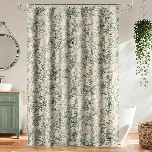 Farmhouse Sage Green Floral Shower Curtain with 12 Clear Rings 72"W x 72"L | Boho Fabric Faux Linen Shower Curtain Set, Vintage Cottagecore Shower Curtain for Bathroom thumbnail 7
