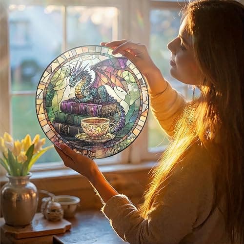 Dragon Decorative Stained Glass Sun Catcher - 7.87 Inch Bookshelf Decoration, Stained Glass Window Hanging Decoration, Suitable for Fantasy Lovers, Fantasy Gift for Friends, Family, Classmates thumbnail 2