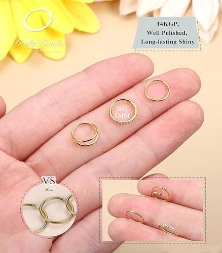 BodyBonita 3pcs Nose Rings Hoops - Double Hoop Nose Ring 14/16/18/20G Hinged CZ Piercing Jewelry Septum Clicker Rings Cartilage Earring Helix Rook Tragus Daith 7mm/8mm/9mm/10mm thumbnail 2
