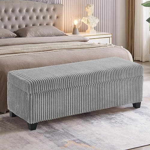 mikibama Corduroy Storage Ottoman Bench,Bed End Ottoman Bench with Storage,48" Long Storage Benches for Bedroom,Living Room,Entryway,Window,Mid Century Modern Storage Chest (Grey, 48") thumbnail 2
