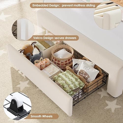 HIFIT Upholstered Full Size LED Bed Frame with Charging Station and 2 Storage Drawers, Beige Velvet Platform Bed Full Size, Camas Full with Double Wavy Wingback Headboard, No Box Spring Needed thumbnail 6