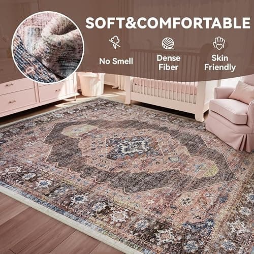 Pink Brown 6x9 Area Rugs for Living Room Bedroom Rug Girl Nursery Rug Washable Soft Study Room Dining Room Rugs Carpet Water Repellent Easy Care Non Slip thumbnail 4