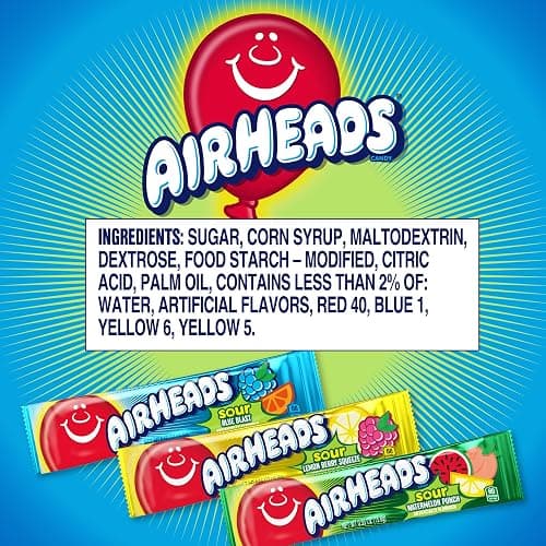Airheads Sour Full-Size Candy Bars, Taffy Candy Assorted Bag, Individually Wrapped Candy, Three Assorted Flavors, 9 Count Bag - Sour Variety - 9 Count (Pack of 1) thumbnail 2