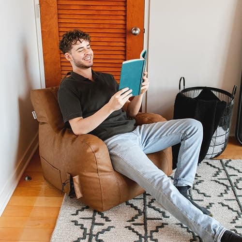 Big Joe Dorm Bean Bag Chair with Drink Holder and Pocket, Caramel Vegan Leather, Kids and Teens, 3 feet thumbnail 4