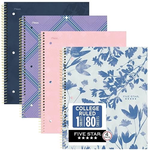 Five Star Spiral Notebook + Study App, 1 Subject, College Ruled Paper, 8-1/2" x 11", 80 Sheets, Styles, 4 Pack (850222F) - Image 1