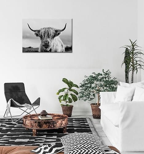 Highland Cow Wall Art Canvas Print Black and White Animal Canvas Picture Framed Art Wall Decor for Bedroom Bathroom (20x30 inch) thumbnail 6
