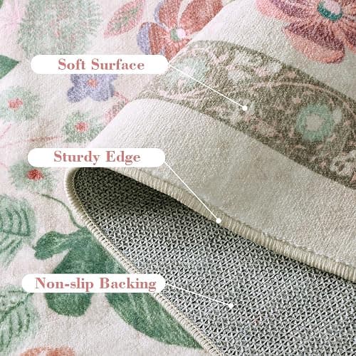 Boho Floral Area Rug 6x9 for Living Room- Deerly Vintage Large Washable Non-Slip Bedroom Carpet Soft Low Pile Thin Floor Mat Indoor for Dining Room Playroom Nursery Farmhouse, Beige/Light Pink/Multi thumbnail 7