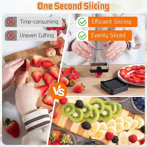 GENGCANG Fruit Slicer Cup for Strawberry, Banana, Hard-Boiled Egg - Detachable Cutter with Push Plate - 304 Stainless Steel Blade - Rapid & Safe Slicing Kitchen Gadget for Quick Meal Prep (Black) thumbnail 5