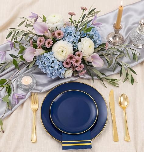 NOCCUR 350PCS Navy Blue Plastic Plates - Blue Disposable Dinnerware Set for 50 Guests, 100 Dinner/Dessert Plates, 150 Gold Silverware, 50 Cups&50 Napkins for Party/Wedding/Graduation/Independence Day thumbnail 8