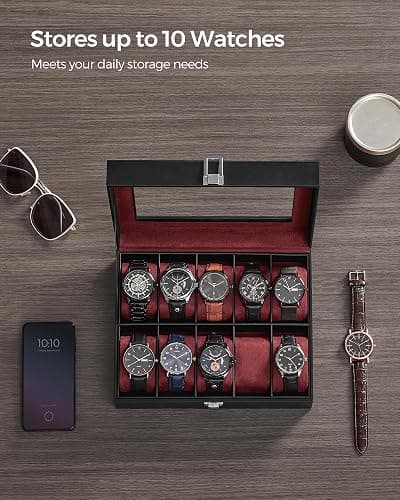 SONGMICS Watch Box, 10-Slot Watch Case Organizer with Large Glass Lid, Removable Pillows, Christmas Gift, Black Synthetic Leather, Wine Red Lining UJWB010R01 thumbnail 5