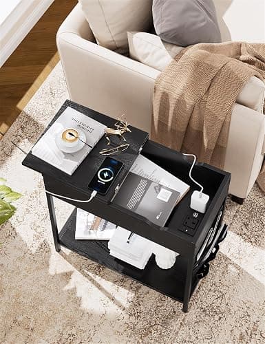 Nicehill Side Table with Charging Station, Narrow End Table with USB Ports, Outlets, Fabric Bags, Storage Shelf, Narrow Bedside Table for Small Rooms, Bedroom, Living Room, Classic Black thumbnail 5