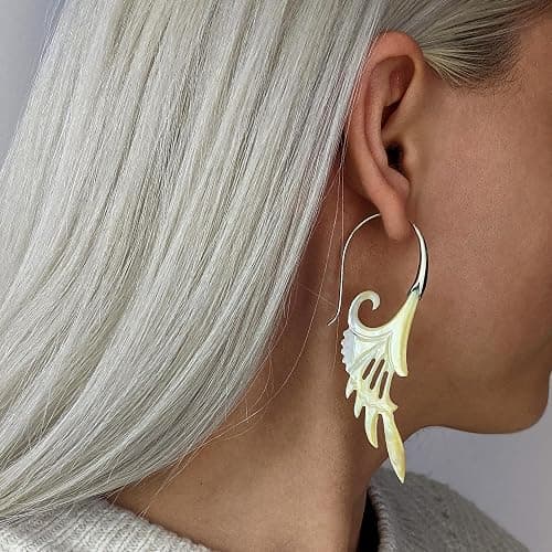 81stgeneration Hand-Carved Mother of Pearl Long Bird Wing Feather Dangle Earrings With 925 Sterling Silver Hooks - Extra Large Angel Wing Earrings - Unique Tribal Statement Jewelry for Women thumbnail 2