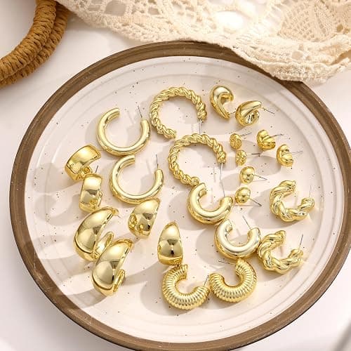 12 Pairs Chunky Gold Hoop Earrings for Women Trendy, Gold Plated Lightweight Hypoallergenic Stack, Thick Open Twisted Huggie Hoops Earring Set thumbnail 9