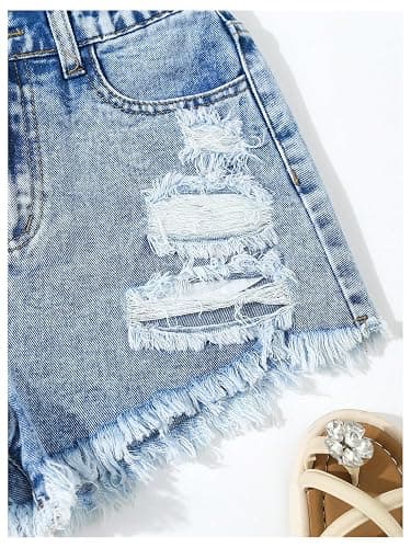 Floerns Girl's Ripped Raw Hem Elastic Waist Straight Leg Denim Shorts with Pockets thumbnail 3