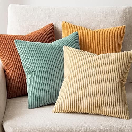 EMEMA Teal Orange Decorative Throw Pillow Covers for Couch Bed Livingroom 18x18 Inch Set of 4 Boho Farmhouse Corduroy Striped Square Pillow Case,Western Modern Cushion Covers Spring Home Decor thumbnail 4