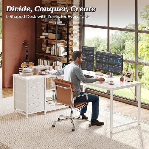 PRAISUN 61" L Shaped Desk with Power Outlets and USB-C Port, Reversible Computer Corner Office Desk with 4 Fabric Drawers and 2 Height-Adjustable Shelves, Large for Gaming Writing Work Study, White thumbnail 2
