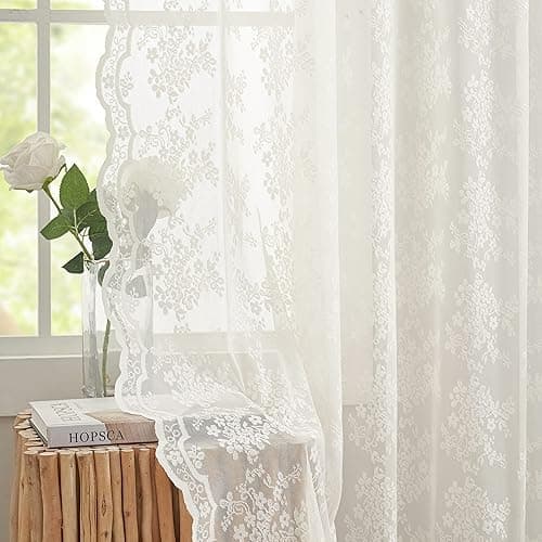 YJ YANJUN Vintage Lace Curtains 84 Inches Long-Romantic Flowers and Branch Sheer Lacy Curtains for Living Room French Door 1 Pair Rod Pocket, 52 x 84 Inch Ivory - Ivory - 52"W x 84"L (Pack of 2)