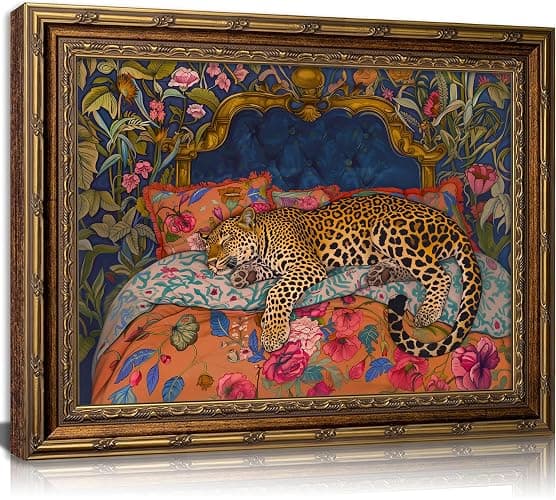 FKRYTYB Vintage Gold Frame Sleeping Leopard Canvas Wall Art 11x9in | Luxury Jungle Theme Colorful Cheetah Animal Tropical Floral Fashion Maximalist Dopamine for Living Room Bedroom Dorm Office - Image 1