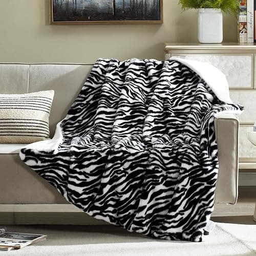 DREAMNINE Soft Cozy Plush Fuzzy Zebra Faux Rabbit Fur Throw Blanket 50" x 60", Double Sided Thick Warm Shaagy Fluffy Blankets for Winter, Cute Comfy Shag Animal Blanket for Women Kids, White and Black thumbnail 2