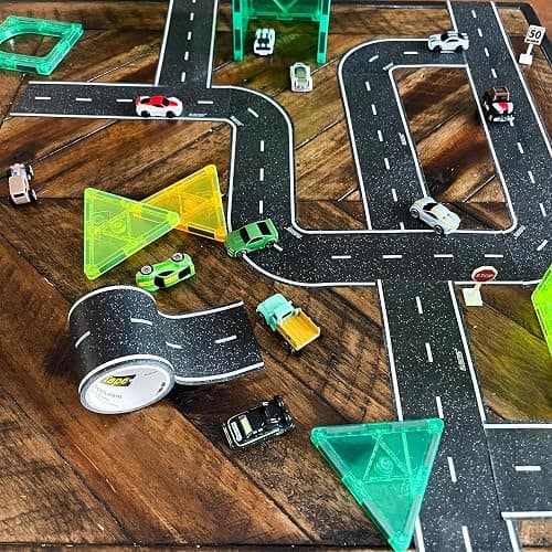 PlayTape Road Tape and Curves for Toy Cars - 1 Roll of 30 ft. x 2 in. Asphalt Road + 1 Roll of 36 Curves thumbnail 7
