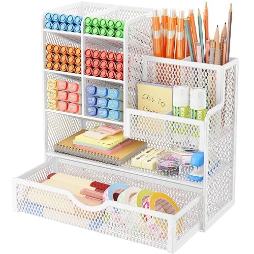 VITVITI Sturdy Mesh Desk Organiser for Office Accessories, Desk Organiser for Stationery Supplies, Make Up Brush, Art storage, 5 Tier Metal Stackable Storage drawers - White - Image 1