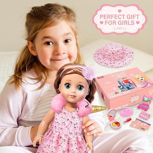 XFBB Doll Suitcase Travel Set, 18 inch Doll Clothes and Accessories - 28 Pcs Travel Pillow, Unicorn Bag, Sunglasses, Camera, Computer, Phone, Passport, Birthday Gift for Age 3 4 5 6 Year Old Girls thumbnail 7