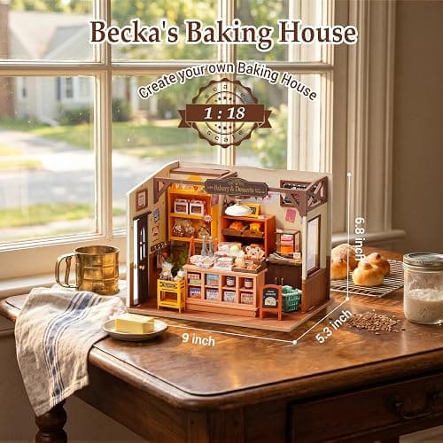 Rolife Bakery Shop DIY Miniature Dollhouse Kit Creative Gift for Adults | 1:18 Scale Becka's Baking Tiny House with LED Light, Wooden 3D Puzzle Model Kit, Diorama Craft Set for Home Decor Display thumbnail 2