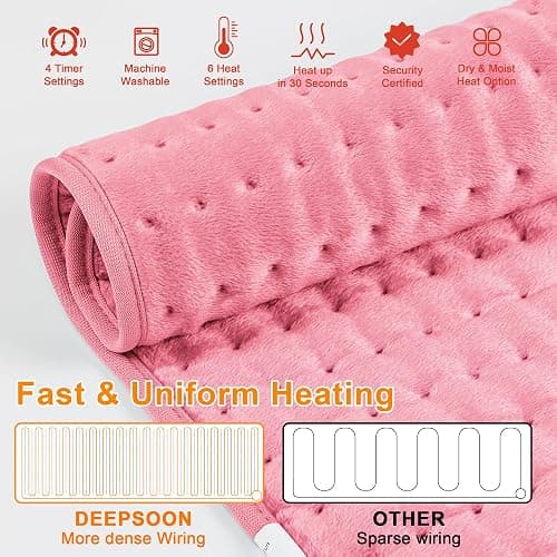 Deepsoon Heating Pad,Electric Heating Pads for Back,Neck,Abdomen,Moist Heating Pad for Shoulder,Knee,Arms,Legs,Dry/Moist Heat & Auto Shut Off,Birthday Gifts for Men and Women,BabyPink,24x12 Inch thumbnail 9
