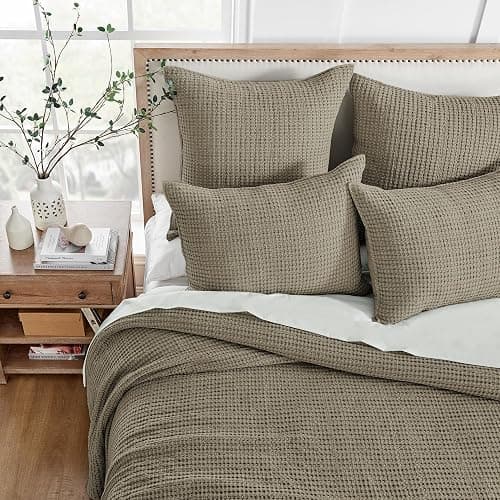 Levtex Home Mills Waffle Queen Bedspread Set (106x106in) with 2 Pillow Shams (26x20in) - Taupe - Cotton Waffle Queen Size Bedspread Set - Lightweight, Soft, Pre-Washed thumbnail 3