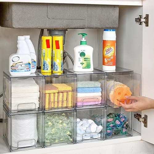 Vtopmart 8 Pack Stackable Under Sink Organizer Drawers, Clear Acrylic Storage Bins for Kitchen and Bathroom Cabinets, Baby Bottles, Cleaning Supplies, 6.6'' Tall Space-Saving Drawer System thumbnail 5