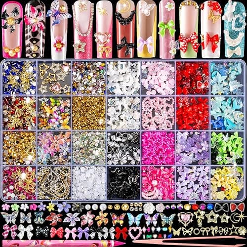 8000pcs 3D Nail Charms and Nail Gems, Cute Nail Rhinestones and Charms Y2K for Nails Nesign, Variety Butterfly Bow Moon Star Flower Junk Case Charms Gold Pearls Nail Jewels for Nail Art Decorations - Image 1