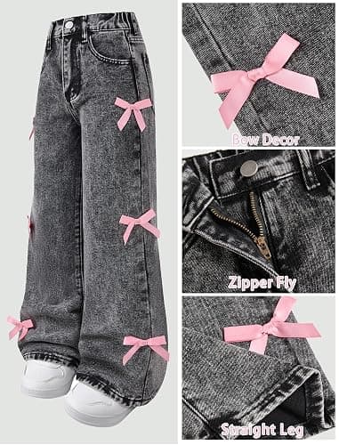 Peakpride Baggy Jeans for Girls Wide Leg High Elastic Waisted Cute Bow Denim Y2k Pant Trendy Boyfriend Skater Streetwear thumbnail 6