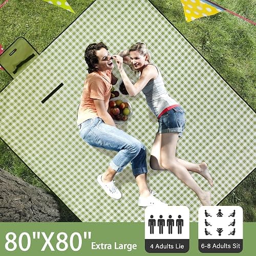Outdoor Picnic Blanket 80"X80" Picnic Mat Extra Large Camping Blanket Beach Blanket Foldable Waterproof Sand Mat Hiking Travel Family Concerts(Green) thumbnail 3