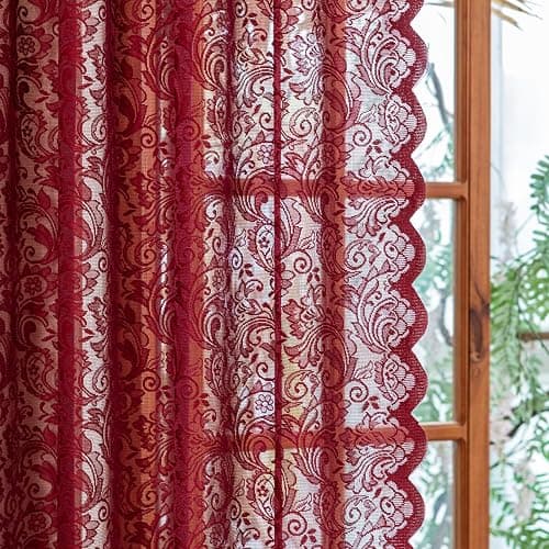 ALIGOGO Burgundy Sheer Curtains 63 Inch Length 2 Panels, Victorian Floral Red Lace Curtains for Bedroom, Embroidered Privacy Rod Pocket Scalloped Burgundy Home Décor, 52W x 63L Inch, Dark Red thumbnail 4