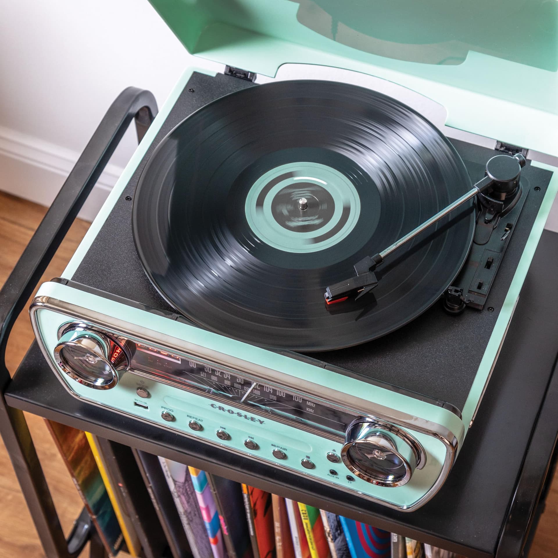 Crosley Powel 7-in-1 Record Player with Speakers & CD Player - Vintage Car Design Bluetooth Turntable Entertainment System with AM/FM Radio - Retro Aqua Style for Vinyl, Digital & Wireless Music thumbnail 7