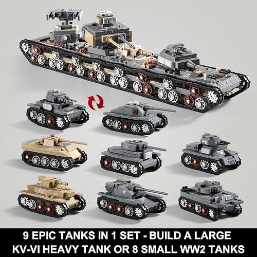 1165-Piece WW2 Army Tank Toys Building Sets Compatible with Lego, Create A Large KV-VI Military Models or 8 Set WWII Tanks, Great Gifts for Boys Kids thumbnail 3