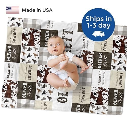 MDPrints Custom Baby Blankets for Boys and Girls, Personalized Baby Gifts, Customized Newborn Blanket with Name, Minky Plush Fleece (Cowboy 580a) thumbnail 3