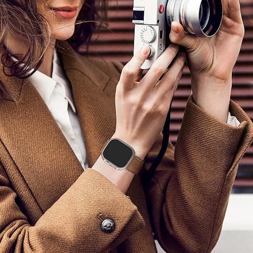 SUNFWR Leather Bands Compatible with Apple Watch Band 49mm 45mm 44mm 42mm for Men Women, Genuine Leather Replacement Strap for iWatch Ultra 2, Ultra, SE2, SE, Series 9 8 7 6 5 4 3 2 1 (Red thumbnail 7