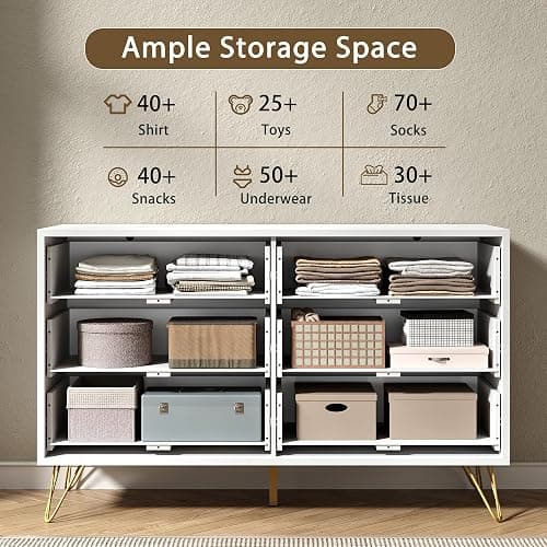 BAZELOR White Fluted 6 Drawer Dresser for Bedroom, Gold Handles, 47.2" W | Modern Wood Chest of Drawers with Scratch-Proof Metal Handles for Living Room, Hallway, Entryway thumbnail 3