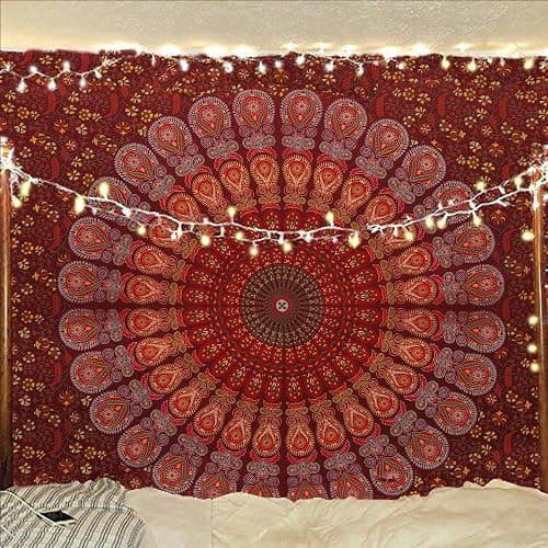 Bless International Handmade Indian hippie Bohemian Psychedelic Peacock Mandala Wall hanging College Dorm Beach Throws Table Cloth Bedding Tapestry (Maroon Yellow, Medium(54x60Inches)(137x152cms)) - Image 1