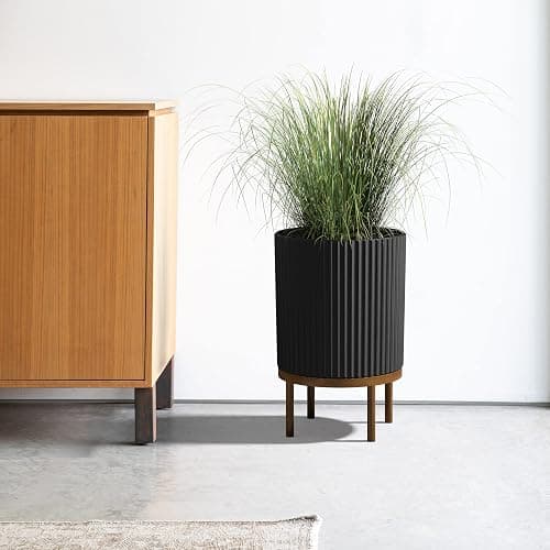 Veradek Demi Series Round Planter w/Stand for Porch/Patio | Durable Plastic-Stone Composite & Wooden Stand | Modern Décor for Tall Plants, Flowers thumbnail 2