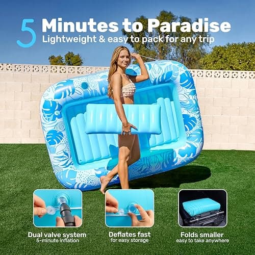 SLOOSH Inflatable Tanning Pool Lounger Float, 70" x 46" Pool Floats Adult with Pillow, 4 in 1 Suntan Tub Raft Floatie,Sunbathing Bed Lounge for Water Blow Up Kids Ball Pit Party Gifts, L-Blue thumbnail 6
